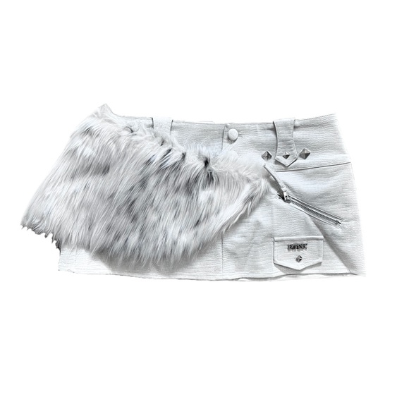 White and black y2k western leather low waist mini skirt with fur